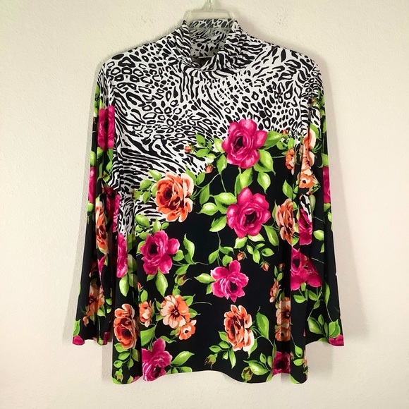 SUSAN GRAVER Liquid Knit Mock Neck Top Long Sleeve Mixed Print Stretchy Black 1X - Picture 2 of 10